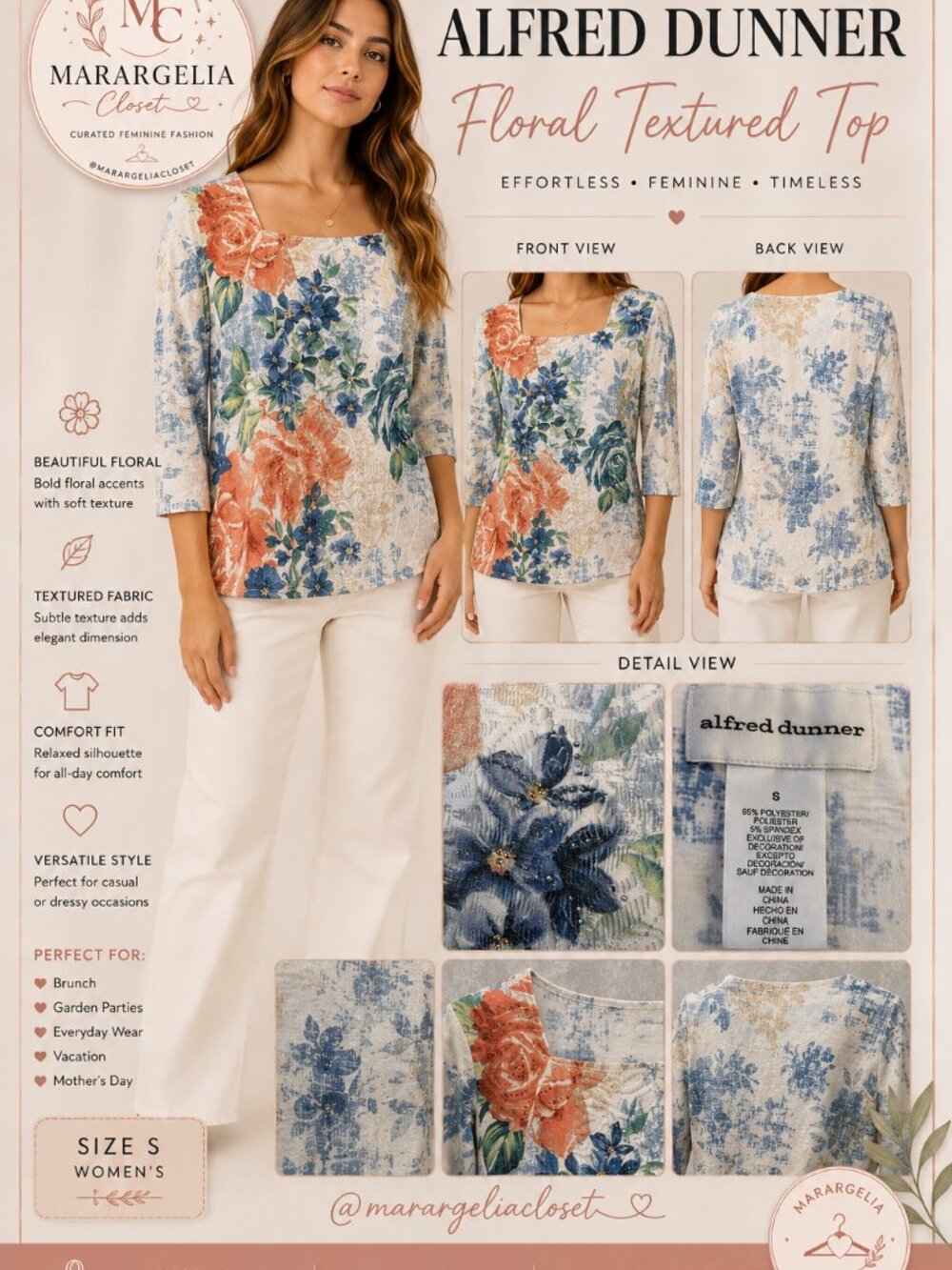 Alfred Dunner Floral Embellished Blouse Watercolor 3/4 Sleeve Small